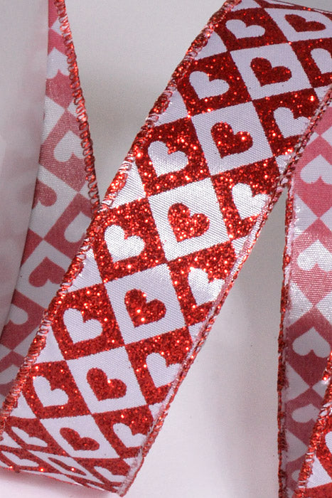 1.5" X 50Yds Wired Hearts And Diamonds Ribbon Red/White