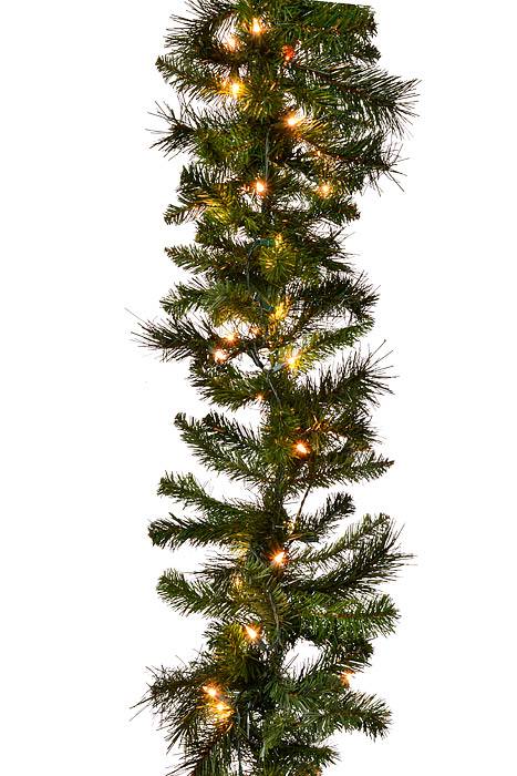 9ft X 14" Deluxe Evergreen Garland W/Lights Green