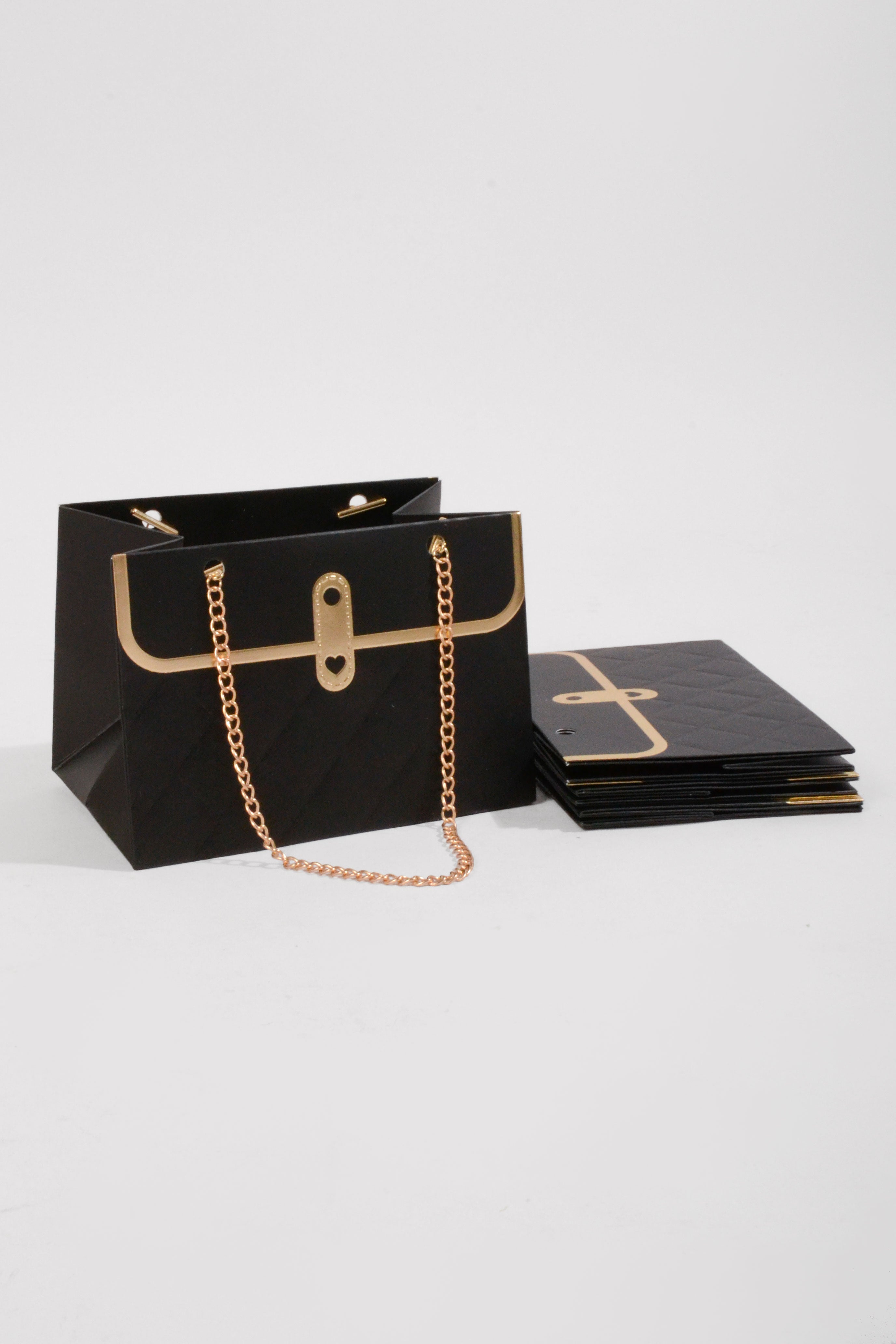 6"x 4" Flower Paper Handbag W/Metal Chain Black Pkg 4
