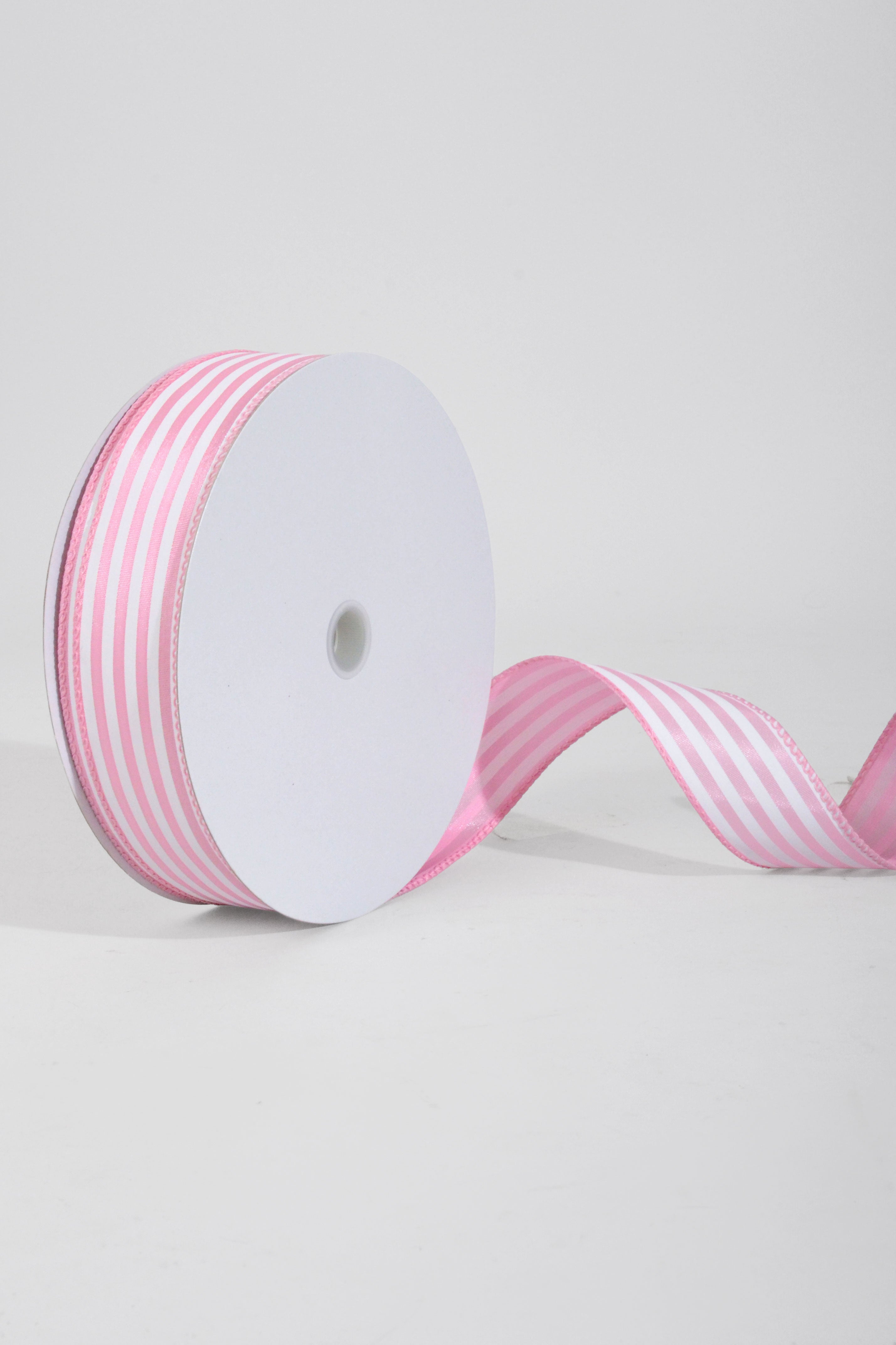 1.5" x 50Yds Pink Satin With White Cabana Stripes