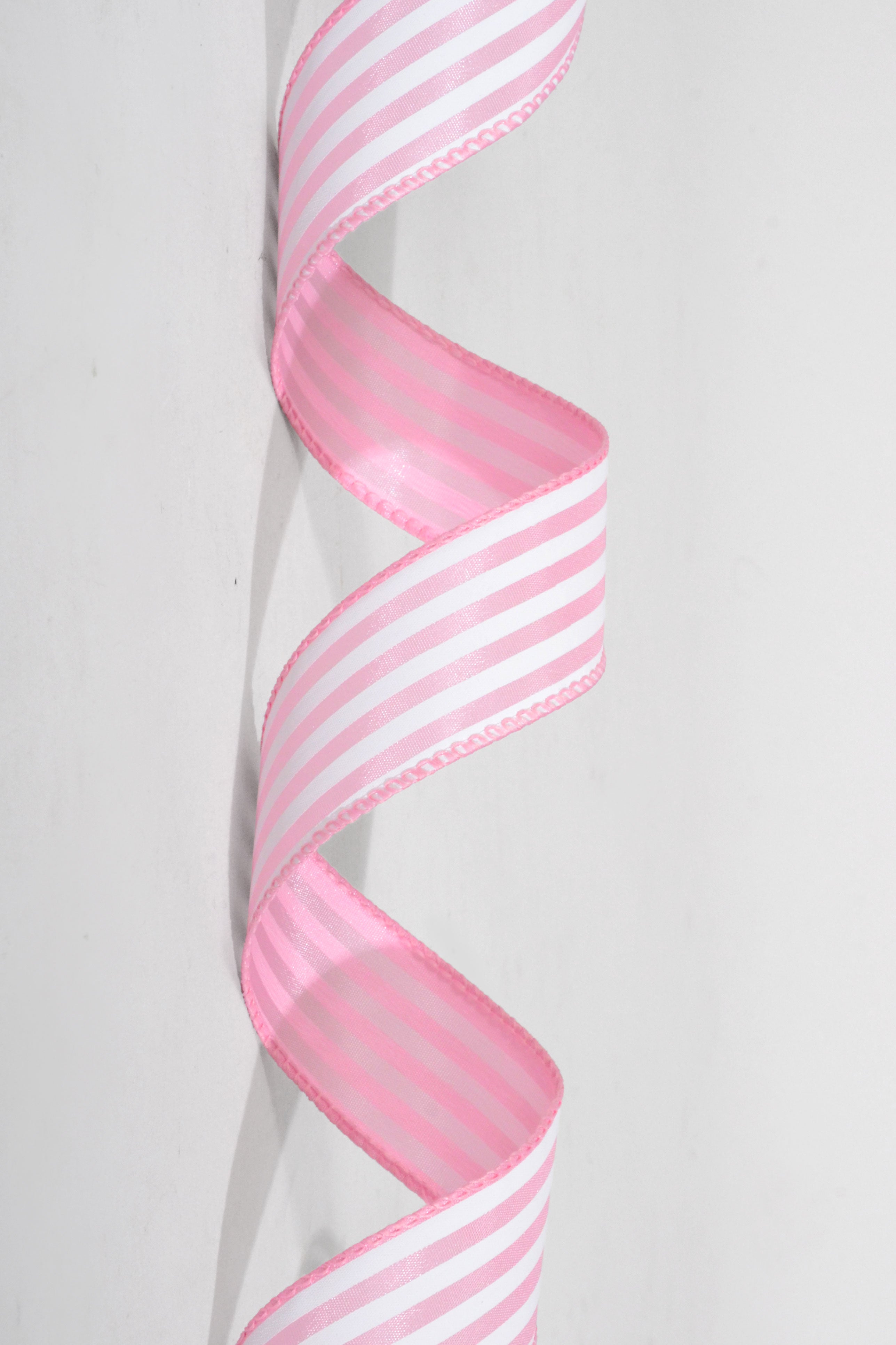 1.5" x 50Yds Pink Satin With White Cabana Stripes