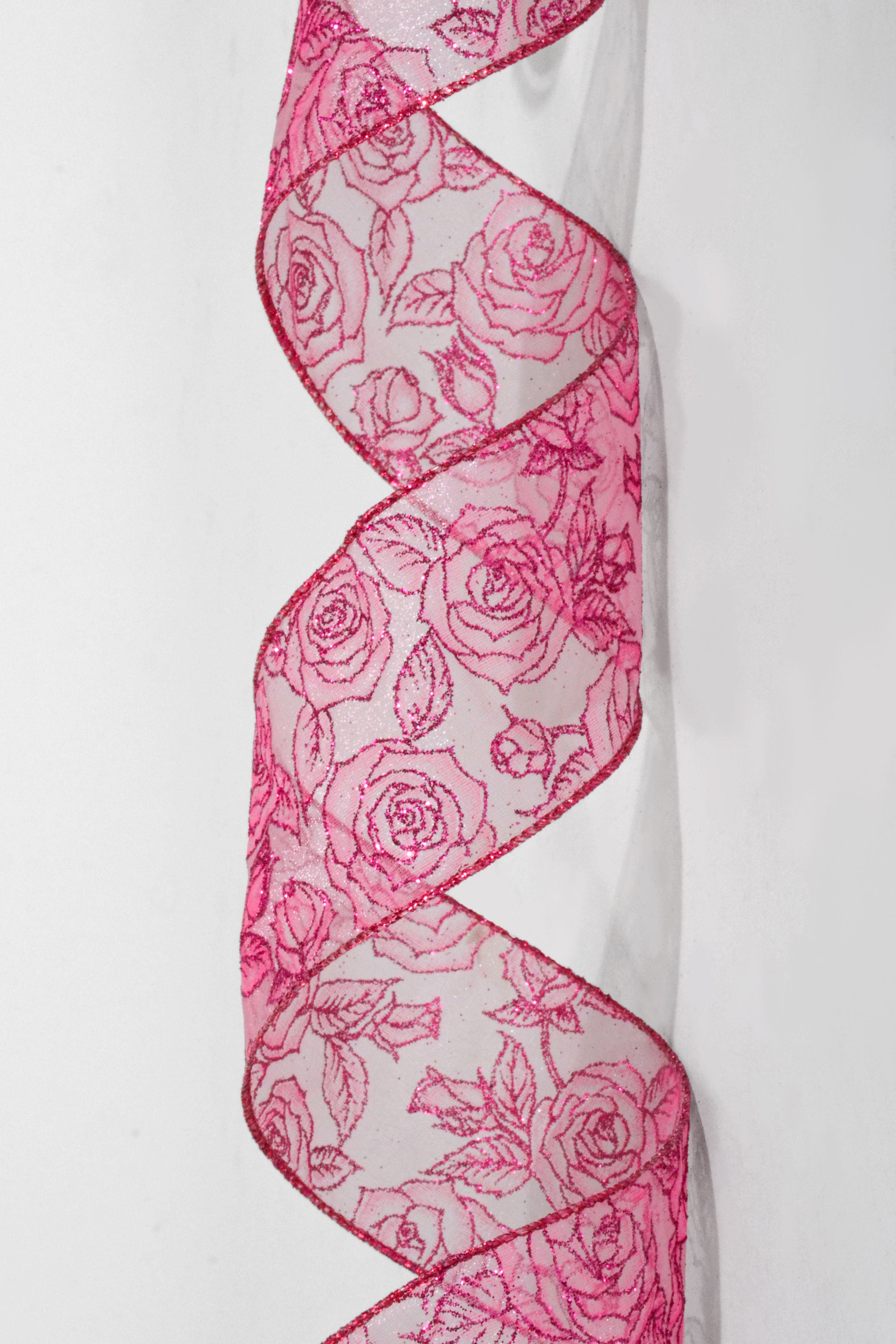 2.5" x 50Yds Wired Sheer/Fuchsia W/Glitter Roses