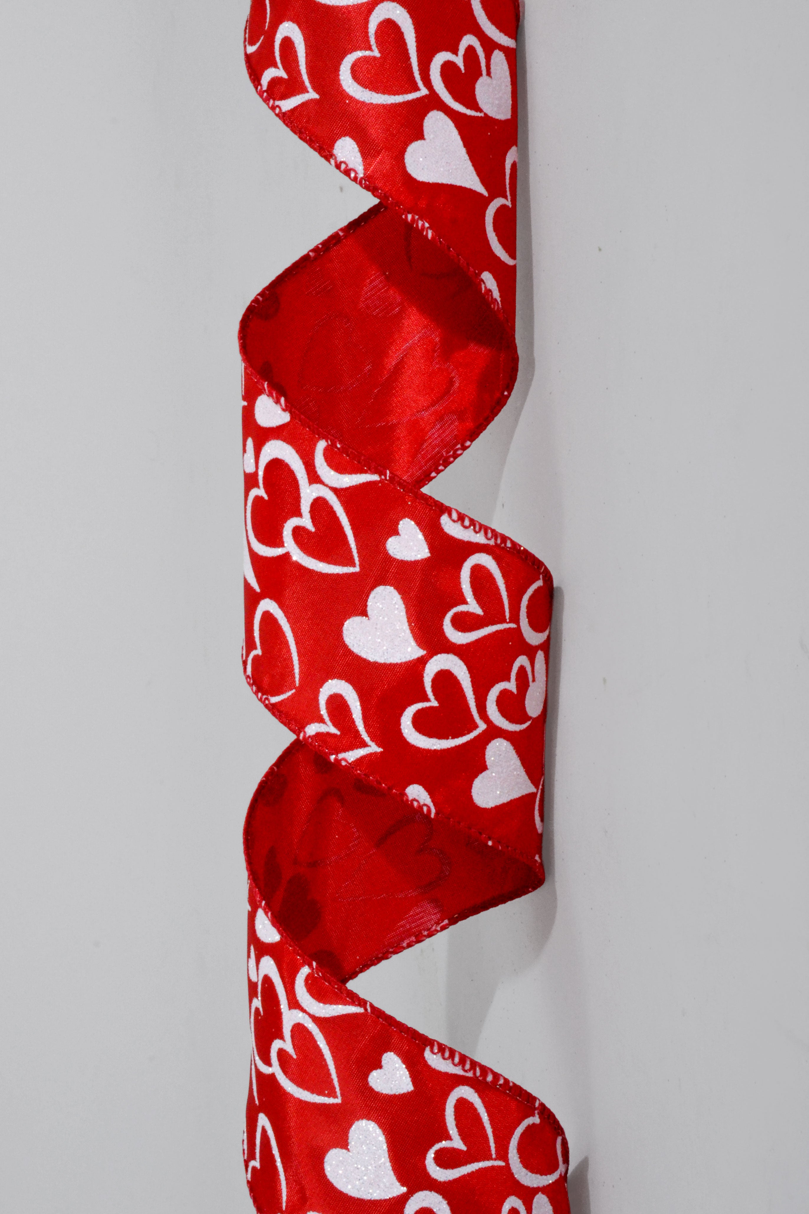 2.5" x 50Yds Red Satin White Glitter Jane Hearts