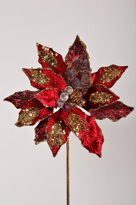 24" Glitter Edged Jewel Poinsettia Stem Claret