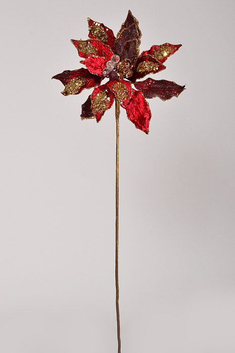 24" Glitter Edged Jewel Poinsettia Stem Claret