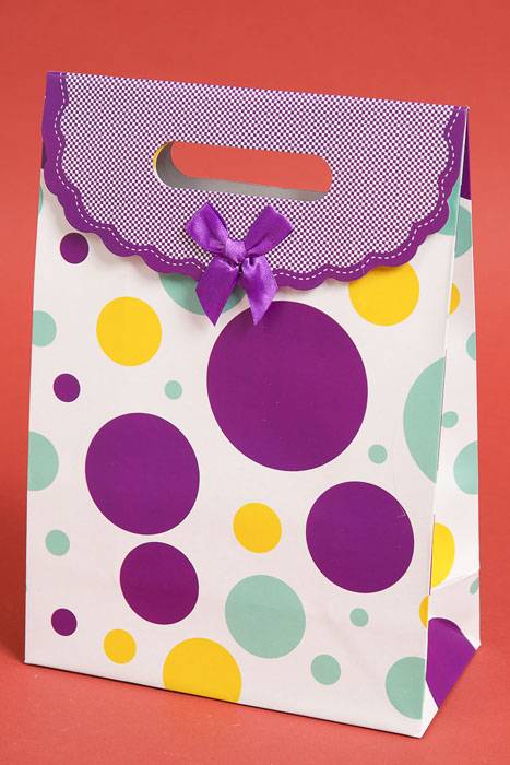 7.5" X 10.5" X 3.5" Paper Gift Bag W/bow Polka Dot Purple Pkg/12