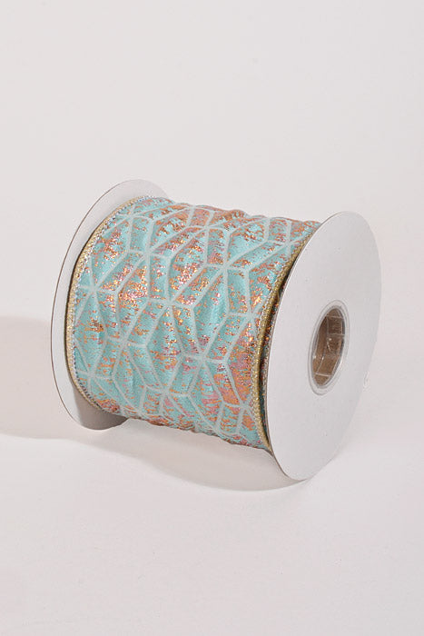 4" X 5Yds Wired Diamond Jacquard Ribbon Aqua/Mauve