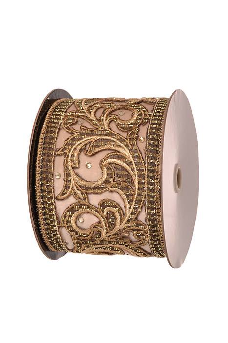 4" X 5 Yds Embroided Scroll Velvet Wired Ribbon Champagne/gold