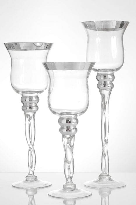 11.75"/13.75"/15.75" Glass Candle Holder Clear/silver Set/3