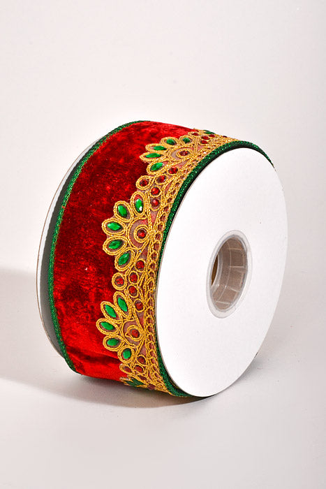 2.5" X 5Yds Wired Scrolled Jewel Velvet Ribbon Red/Green/Gold