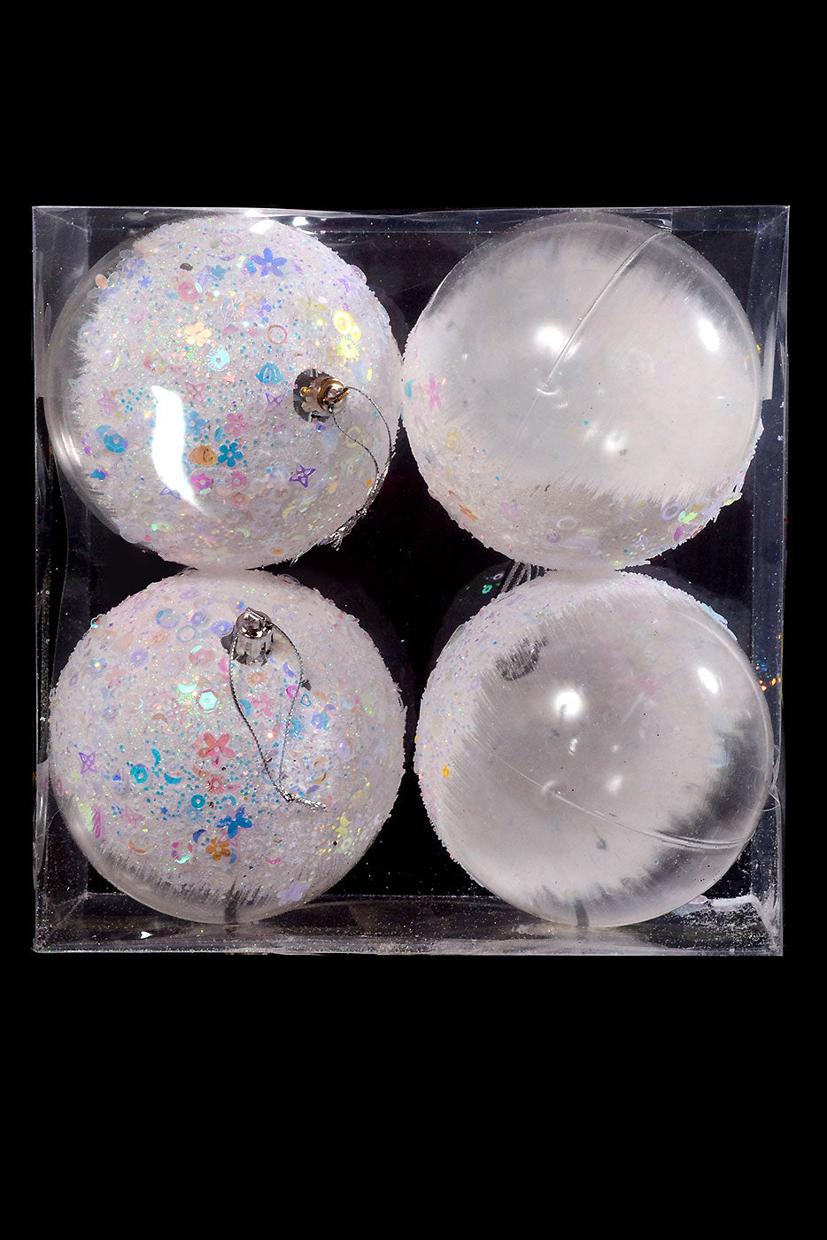 100Mm Plastic Snow W/Glitter/Sequin Ball Ornament White/Clear Box-4