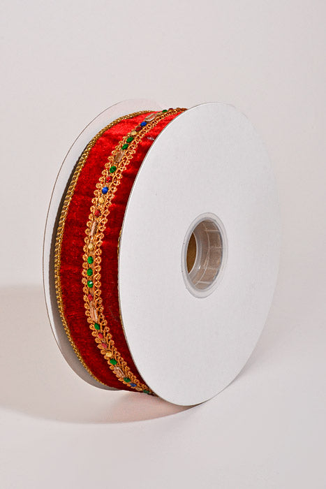 1.5" X 5Yds Wired Diamond Jewel Trim Velvet Ribbon Red/Gold