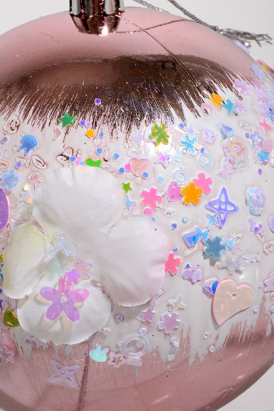 100Mm Plastic Shiny Matt W/Sequin Flower Ornament Pink Box-4