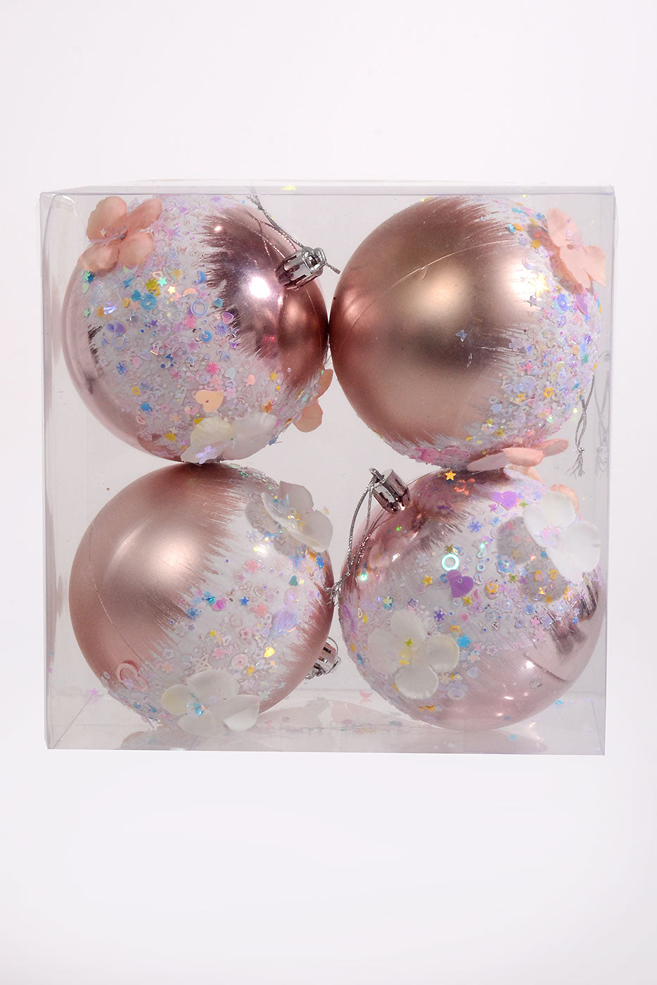 100Mm Plastic Shiny Matt W/Sequin Flower Ornament Pink Box-4