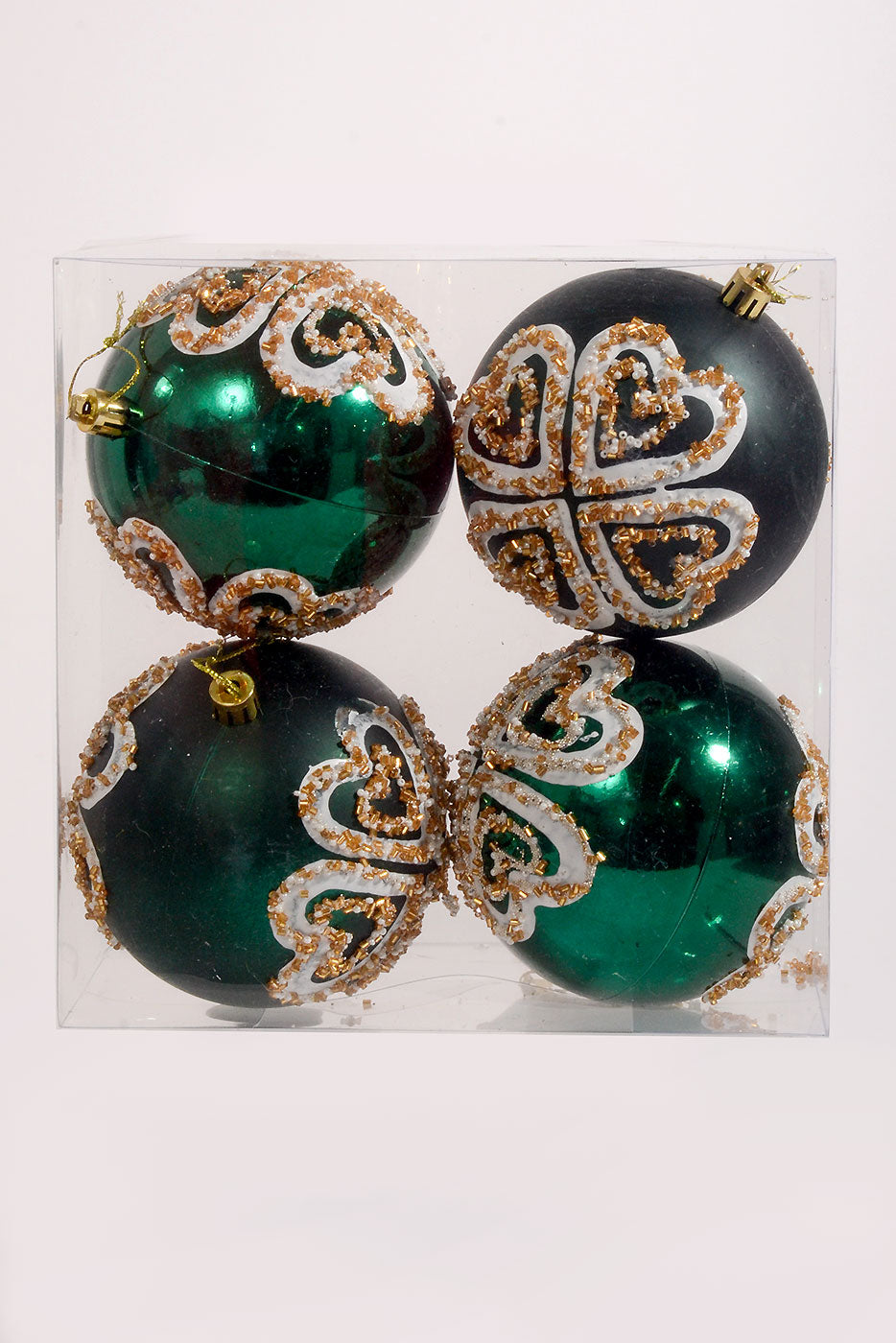 100Mm Plastic Shiny Matt W/Sequin Ornament Dark Green/White Box-4