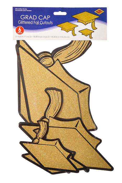 6.5"- 14.25" Glittered Foil Grad Cap Cutouts Black/Gold Set/6