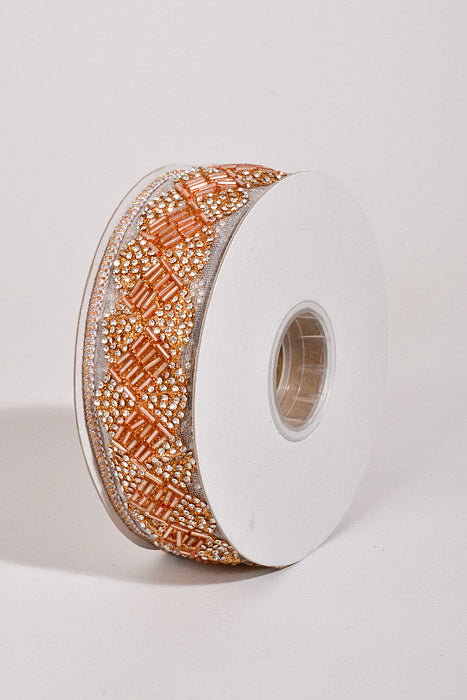 2" X 5Yds Wired Sheer Beaded Pave Ribbon Rose Gold