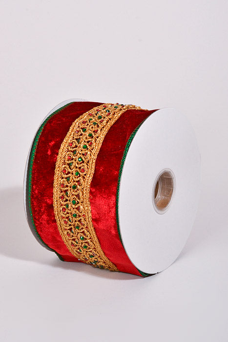 4" X 5Yds Wired Center Scroll Jewel Velvet Ribbon Red/Green/Gold