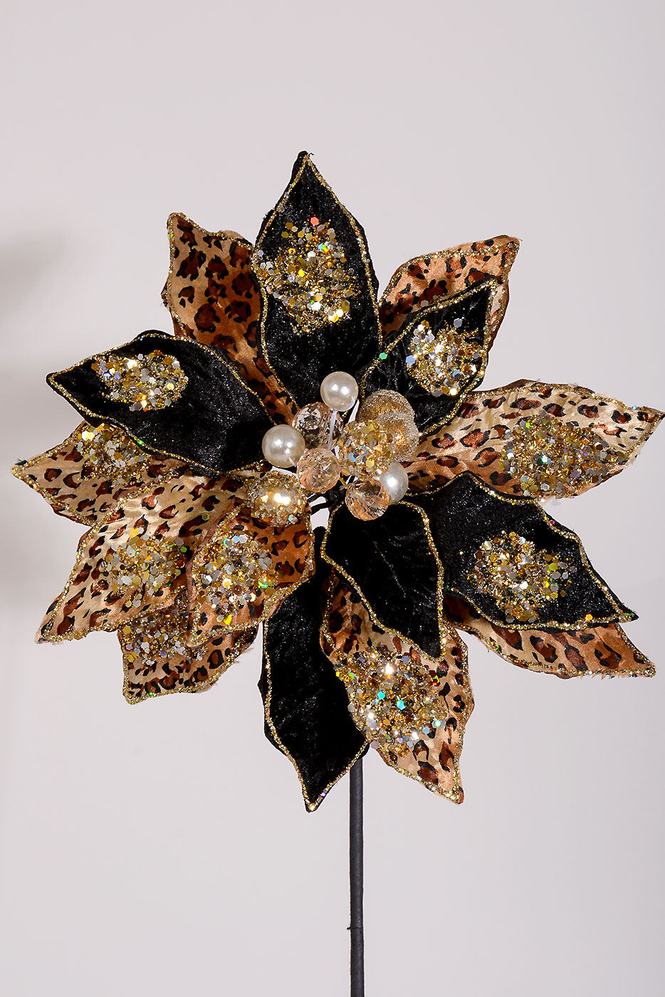 28" Glitter/Jewel Safari Poinsettia Stem Black/Gold