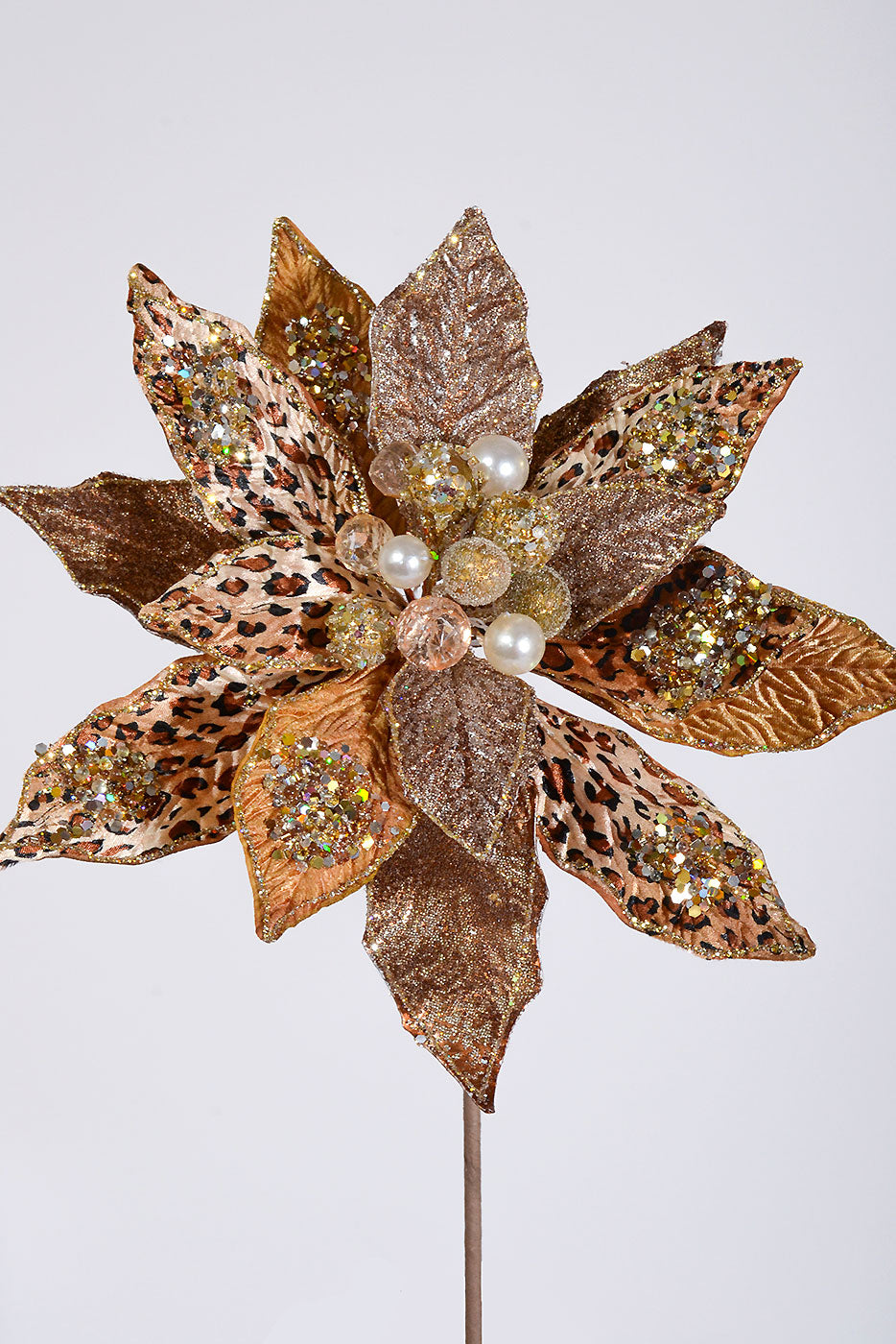28" Glitter/Jewel Safari Poinsettia Stem Copper/Gold