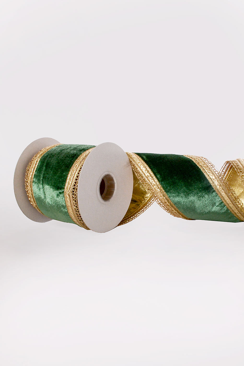 4" X 5Yds Wired Royalty Velvet With Gold Edge Ribbon Green