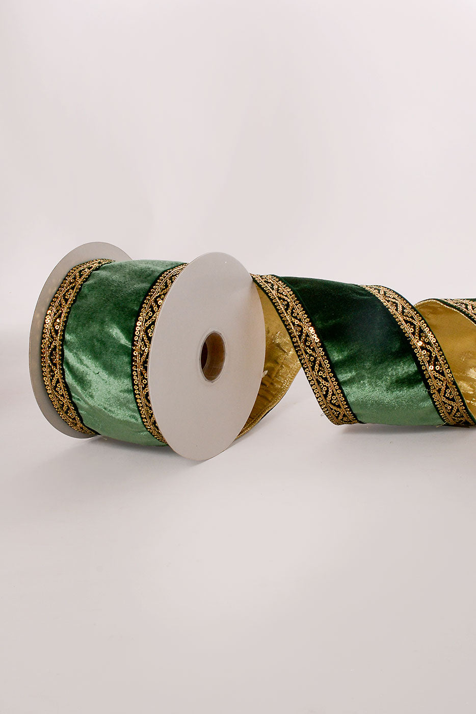 4" X 5Yds Wired Double Sided Sequin Trim Velvet Ribbon Green/Gold