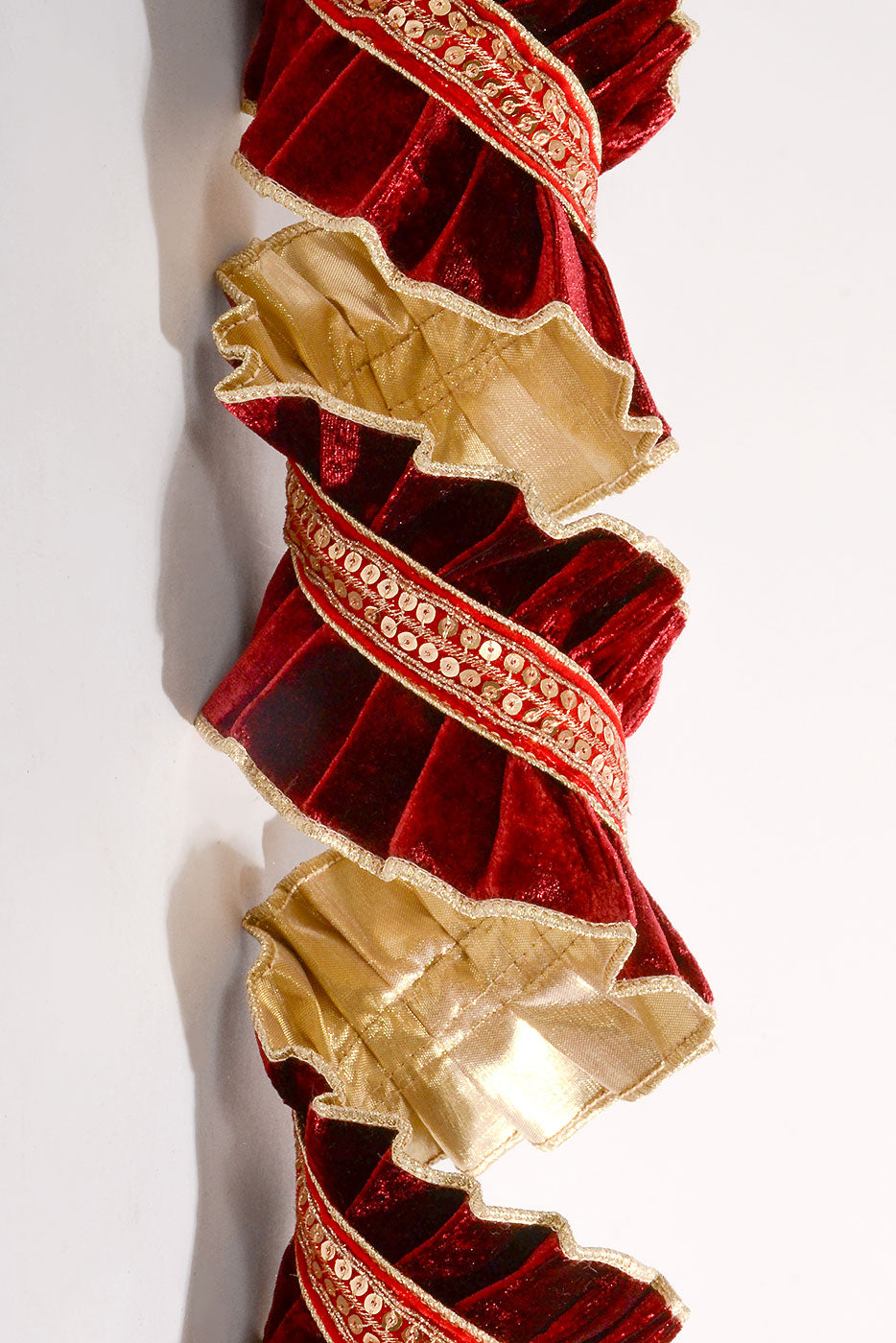 4" X 5Yds Wired Pleated Velvet With Trim Ribbon Burgundy/Gold