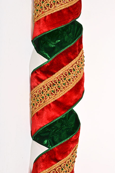 4" X 5Yds Wired Center Scroll Jewel Velvet Ribbon Red/Green/Gold