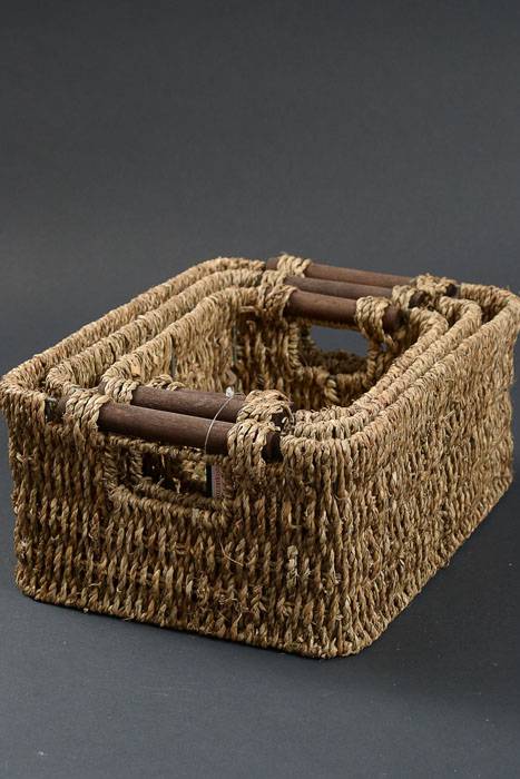 9"/10"/12" Squared Iron Basket W/hemp Rope Brown Set/3