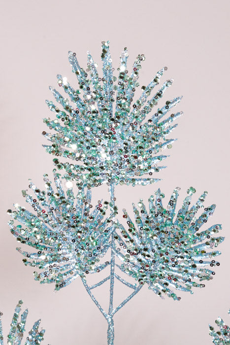 31" Glitter Sequin Mini Fan Palm Spray Aqua/Blue