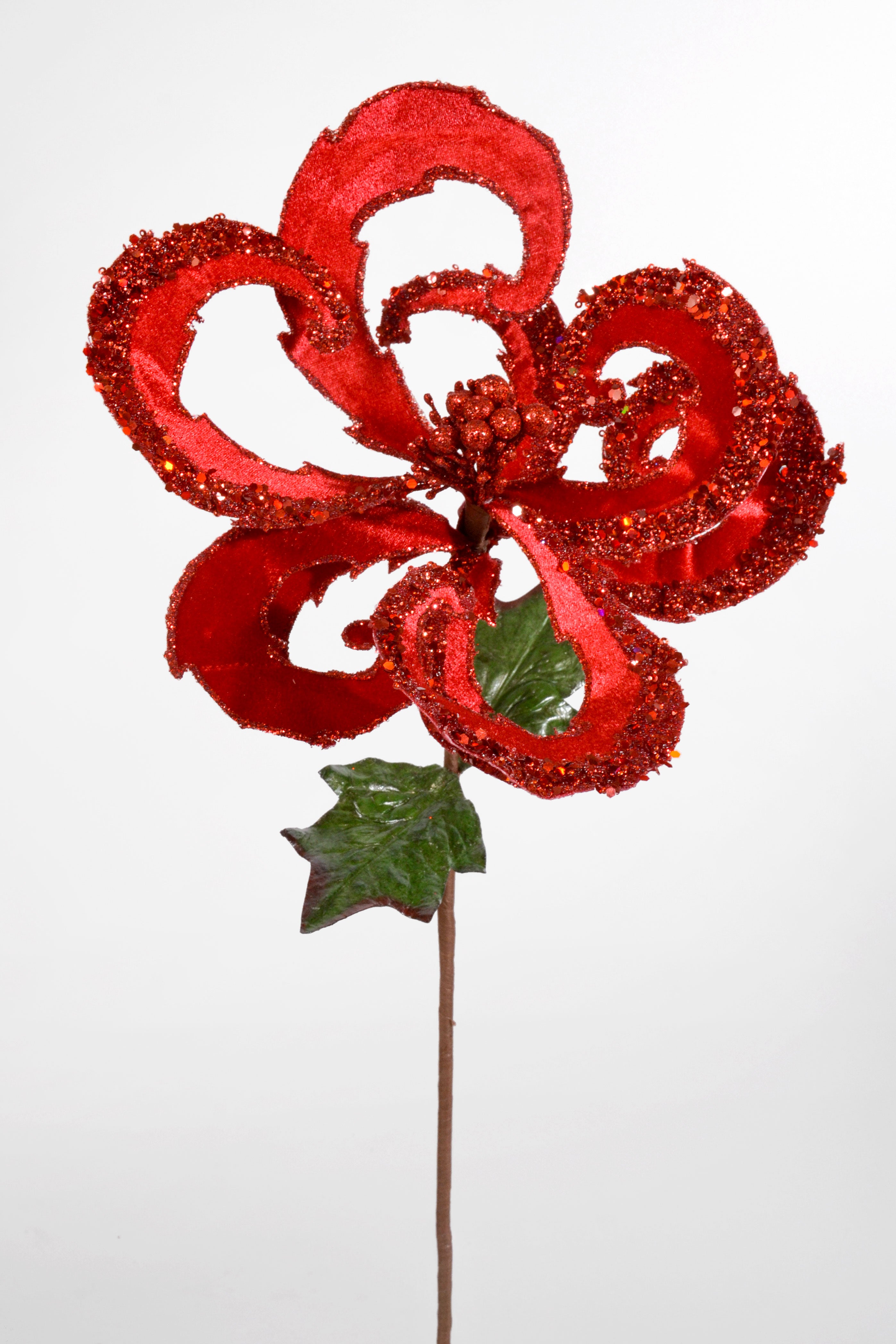 23" Velvet Glitter Swirl Flower Stem Red