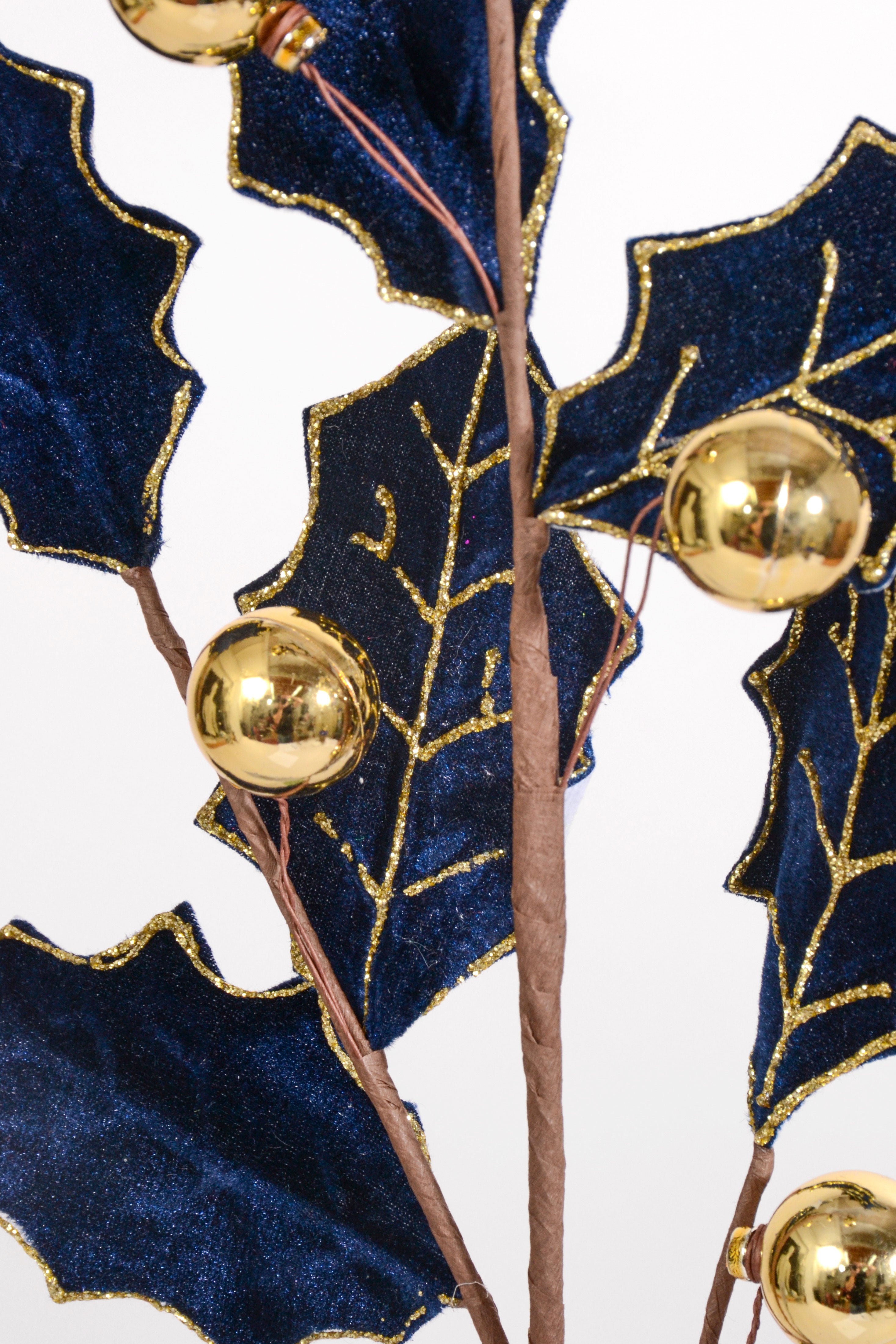27" Velvet Holly Leaf Spray With Ball Midnight Blue