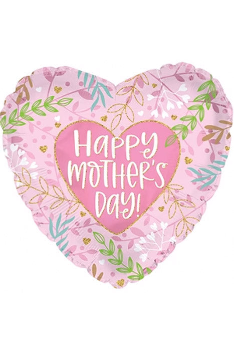 17" Happy Mothers Day Heart Foil Balloon Vines On Pink Pkg/10