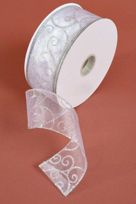 2.5" X 50yds Wired Ribbon W/swirls White/silver