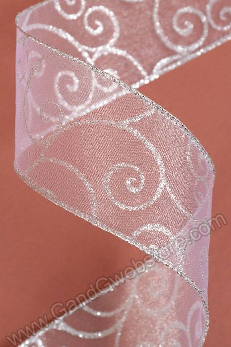 2.5" X 50yds Wired Ribbon W/swirls White/silver