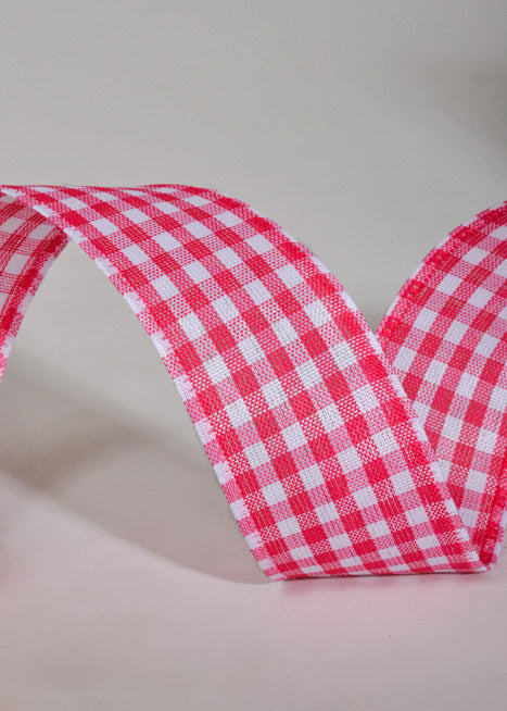 1.5" X 50Yds Wired Gingham Ribbon Fuchsia/White