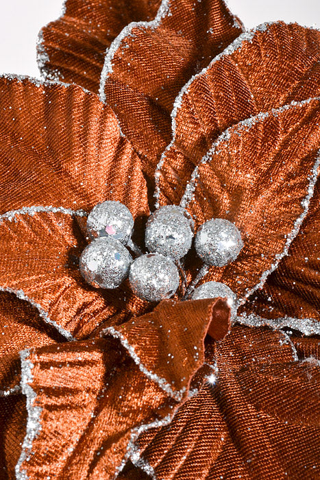 24" Velvet Poinsettia with Glitter Edge Stem Brown