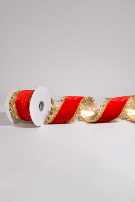 4" X 5Yds Wired Velvet Pearl Jewel Edge Doble Side Ribbon Red/Gold