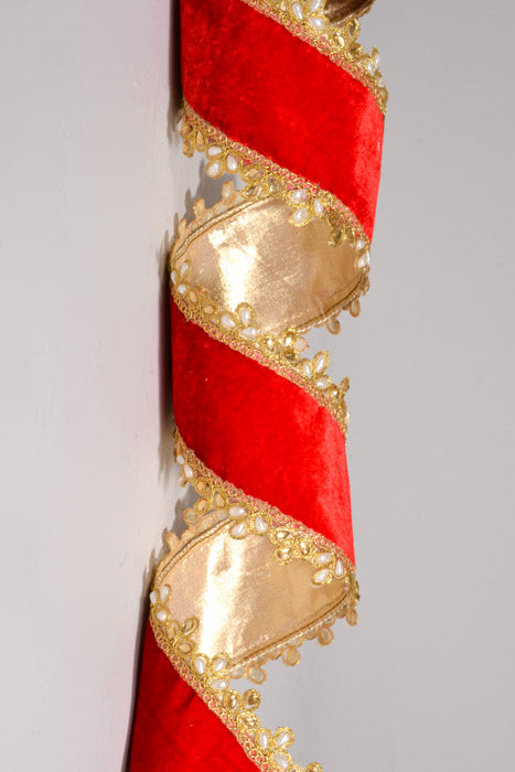 4" X 5Yds Wired Velvet Pearl Jewel Edge Doble Side Ribbon Red/Gold
