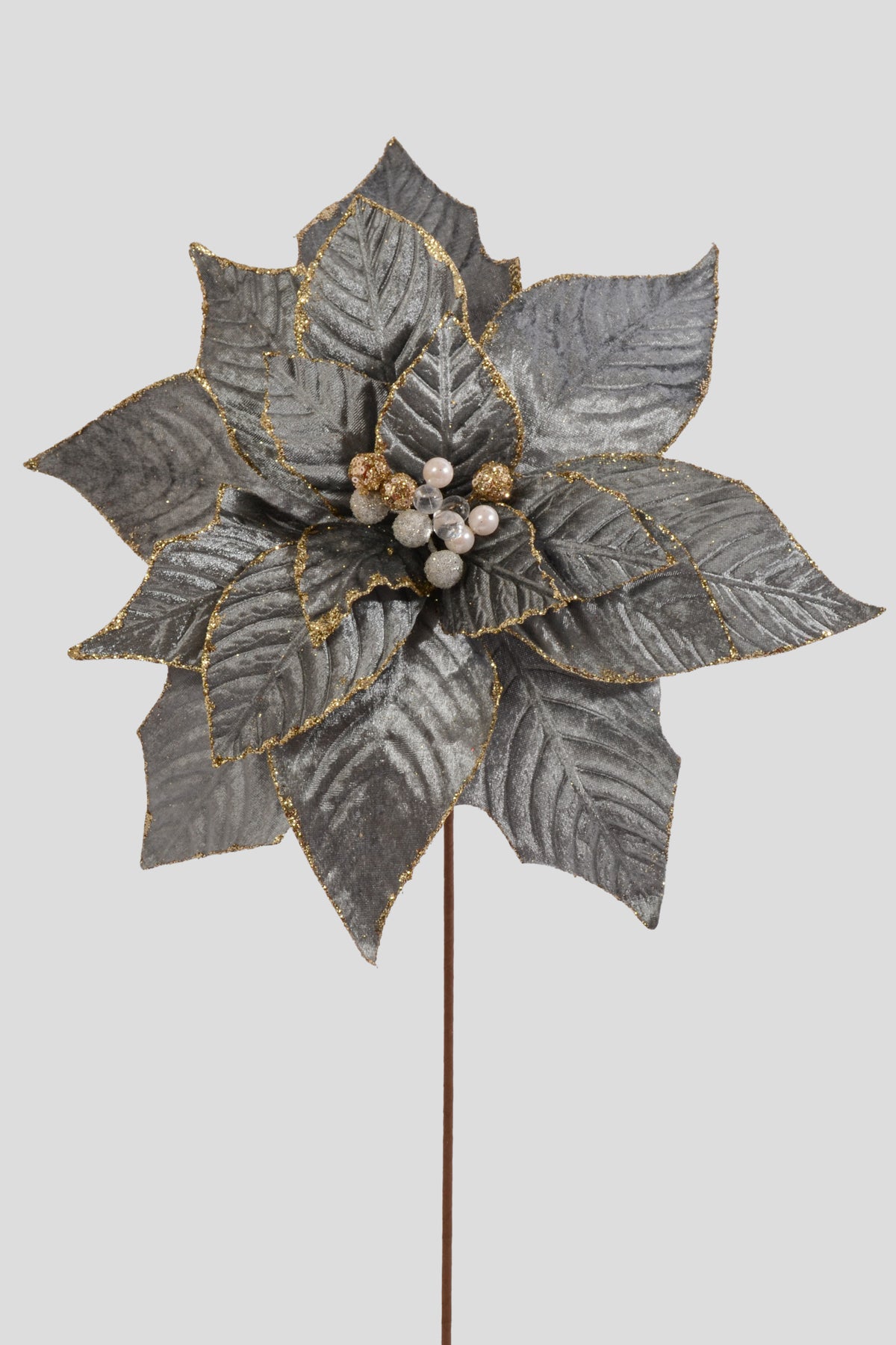 25" Velvet Jeweled Poinsettia Stem Blue Grey