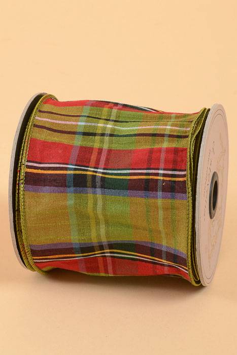 4" X 10yds Faux Dupioni Mcfarland Plaid Wired Ribbon Lime/red