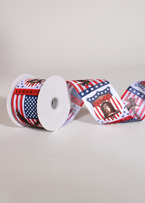 2.5" X 10Yds Wired Linen Liberty Bell Ribbon White/Red/Navy