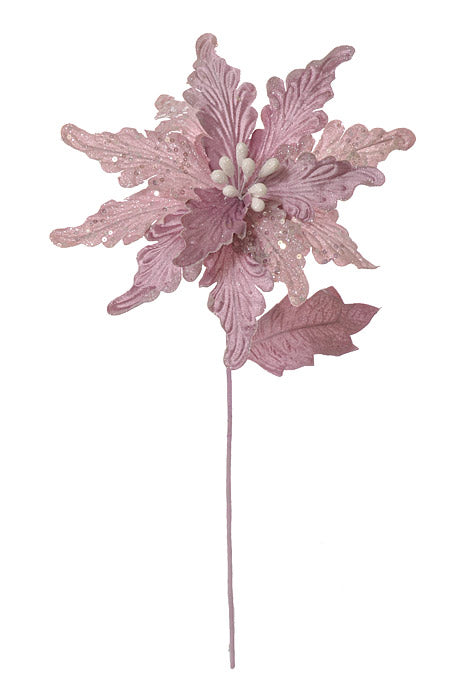 26" Glittered Velvet Poinsettia Stem Ice Purple