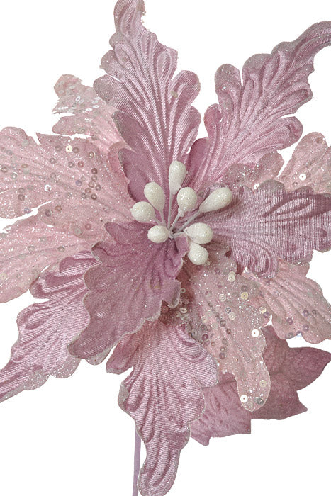 26" Glittered Velvet Poinsettia Stem Ice Purple