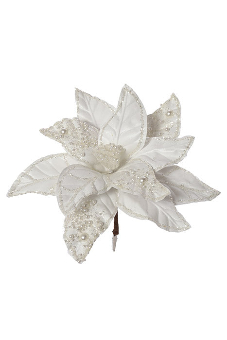 8" Poinsettia With Pearl Clip White