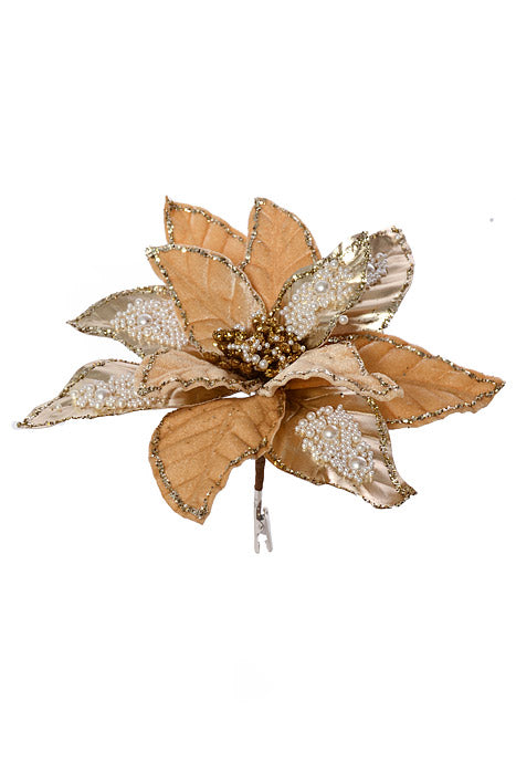 7.5" Poinsettia With Pearl Clip Champagne/Gold