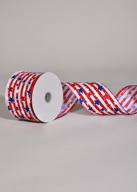 2.5" X 10Yds Wired Linen Stripe Glitter Stars Ribbon Red/White/Blue