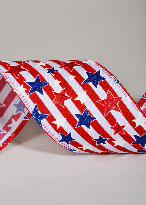 2.5" X 10Yds Wired Linen Stripe Glitter Stars Ribbon Red/White/Blue