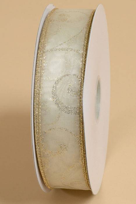 1.5" X 50yds Swirl Ribbon Ivory/gold