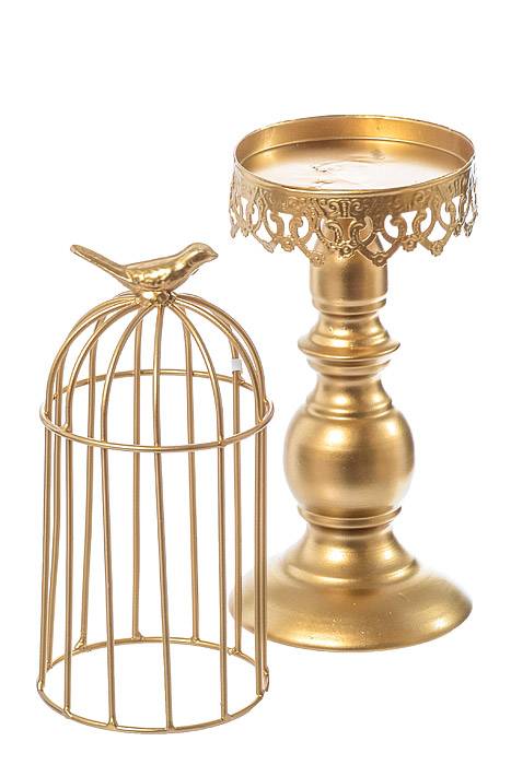 11"/ 15" / 16.5" Metal Candle Stand W/bird Cage Gold